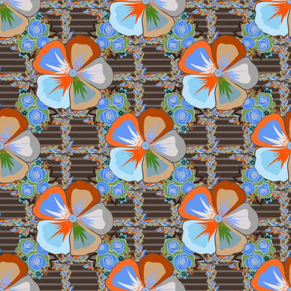 Raster Cosmos Flor Patrón Sin Costuras Colores Azul Naranja Marrón — Vector de stock