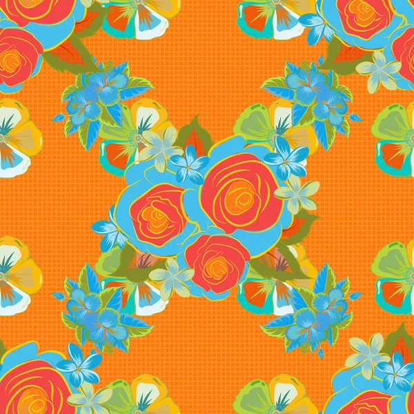 縞模様の背景に水彩シームレスパターン オレンジ 青と緑の色でベクトル花のプリント 可愛いバラの花や葉のパターン — ストックベクタ