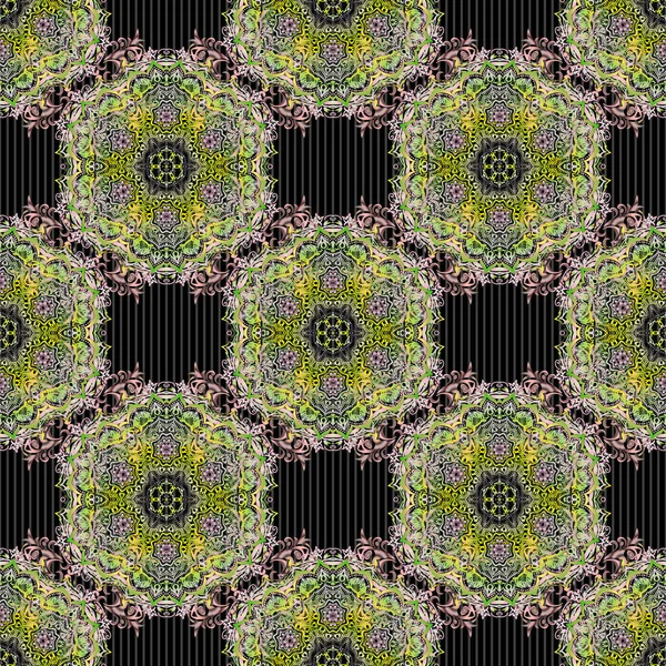 米黄色和绿色的抽象花卉装饰 矢量无缝图案的抽象装饰元素 — 图库矢量图片