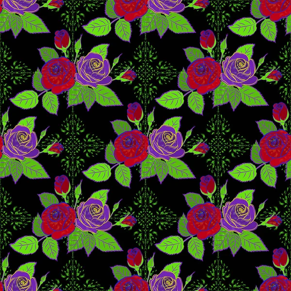 バラの花と装飾的な花の背景 抽象的な赤 緑のバラとベクトルシームレスパターン — ストックベクタ