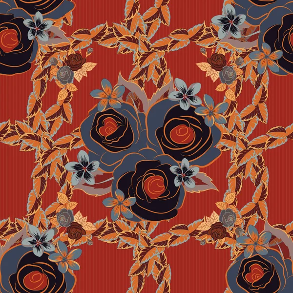 Vektorillustration Nahtloses Hintergrundmuster Mit Dekorativen Rosenblüten Und Blättern Grauen Orangen — Stockvektor