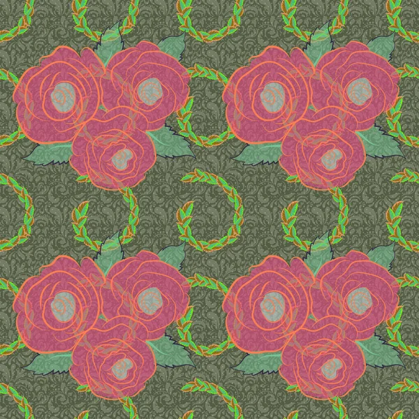 Seamless Pattern Green Violet Orange Colors Cute Seamless Floral Vector — Stock Vector