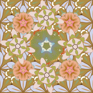 Vektör çizimi. Geçmişi, tekstili, ambalaj kağıtları, tebrik kartları için. Bej, sarı ve yeşil renklerde sulu boya buketli romantik desenler..