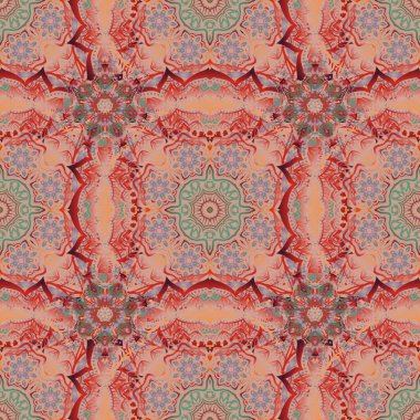 Duvar kağıdı için dekoratif illüstrasyon. Geleneksel Arap dekoru. Karmaşık süslemeli, kusursuz bir şablon. Süslü dantel iz sürücü. Doğu tarzında klasik kırmızı, kahverengi ve pembe elementler.