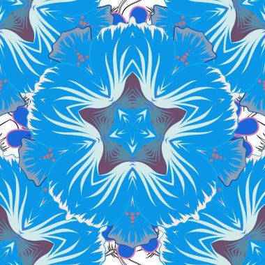 Mavi, mor ve menekşe elementleri, bukleleri ve süslemeleri olan kusursuz bir desen. Vektör doğulu arabesk biçimi.