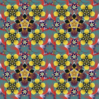 Tasarım daveti, baskı, kart, duvar kağıdı, tekstil veya kumaş için vektör baskısı. Motley süslemesi mavi, gri ve sarı renklerle kusursuz desen.