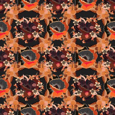 Dekorasyon ve tasarım için kusursuz bir desen. Eski tarz gül çiçekleri olan zarif bir desen. Suluboya desenli gül çiçekleri ve yaprakları turuncu, siyah ve gri renklerde..