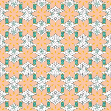 Kartlar için vektör çizimi, teşekkür mesajı, yazdırma. Tasarım şablonu için klasik dikişsiz ızgara. Sarı, bej ve yeşil elementlerle doğu tarzında kusursuz bir desen..