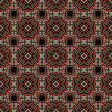 Ikat damaske desensiz arkaplan fayansı. Yeşil, kahverengi ve kırmızı renklerde. Vektör illüstrasyonu.