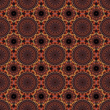 Kusursuz damaske deseni. Vektör çizimi. Kahverengi, kırmızı ve sarı renkli Victoria dönemi arkaplanı..