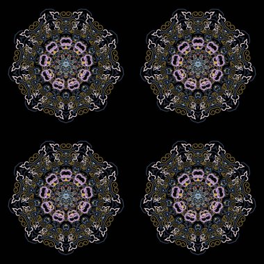 Ikat damaske desensiz arkaplan fayansı. Siyah arkaplanda mavi ve yeşil renkler.