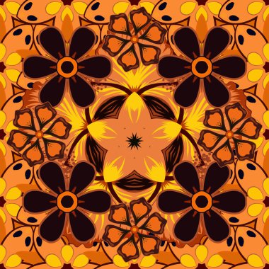 Çiçekli süs eşyası. Moda tekstili ve kumaşı için nakış. Siyah, kahverengi ve turuncu renkli güzel çiçeklerle nakışsız desen.