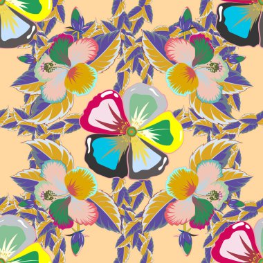 Dekorasyon ve tasarım için güzel bir desen. Kozmos çiçekleriyle suluboya kusursuz desen. Çiçeğin suluboya çizimlerinin zarif deseni, klasik tarzda. Bej arkaplanda moda baskısı.