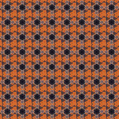 Raster illüstrasyonu. Gri, mavi ve turuncu renkli küçük çiçekli, pürüzsüz bir desen. Soyut çiçekler.