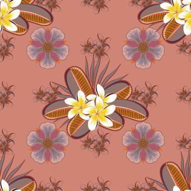 Primula çiçekleri ve sarı, mor ve pembe yapraklı vektör desenli. Yatak çarşafları, ceket, paket tasarımı, kumaş, moda kavramları için tekstil baskısı. Çiçek arkaplan, suluboya.