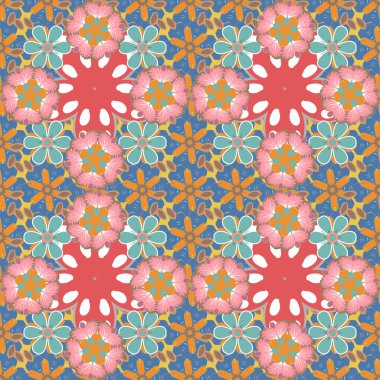 Raster illüstrasyonu. Pembe, mavi ve yeşil renklerde yapraklar ve tropik çiçeklerle kusursuz arkaplan deseni.