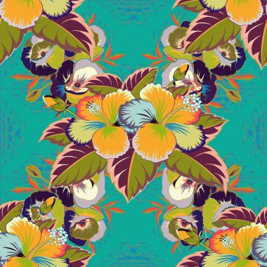 Arka plan dokusu, duvar kağıdı, çiçek teması. Soyut etnik vektör kusursuz desen. Kabile sanatı boho baskısı, klasik mavi, yeşil ve sarı çiçek arkaplan.