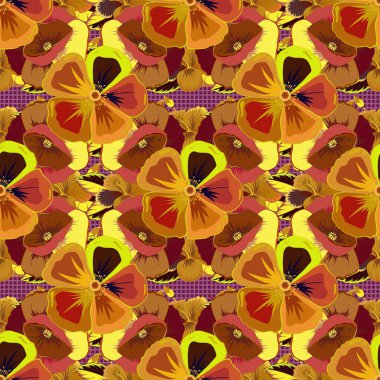 Geçmişi, tekstili, ambalaj kağıtları, tebrik kartları için. Vektör çizimi. Soyut kozmos çiçeklerinin sarı, kırmızı ve mor renkte olduğu suluboya desenli romantik, pürüzsüz bir desen..