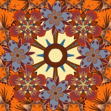 Çiçeklerle suluboya kusursuz desen. Enfes bir desen, çiçekli suluboya bir eskiz, klasik tarzda. Turuncu, kahverengi ve kırmızı renkli moda baskı. Dekorasyon ve tasarım için güzel desen.