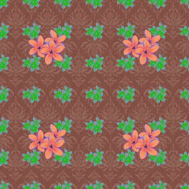 Mavi, turuncu ve kahverengi renkli şirin çiçeklerle kusursuz desen. Bahar mahsulü çiçekli arka plan. Güzel vektör dokusu.