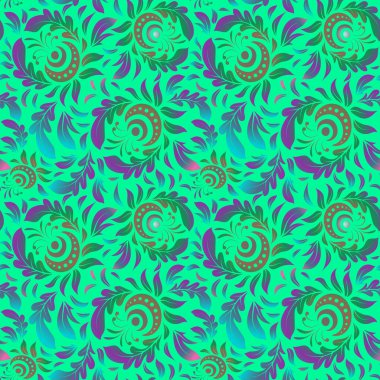 Çiçeksiz desen. Duvar kâğıdı barok, yeşil, mavi ve mor renklerde kusursuz vektör arkaplan.