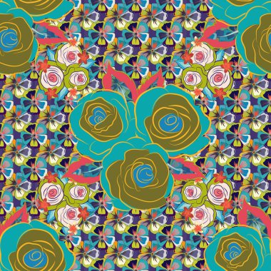 Eğri kıvrımlı zarif gül çiçekleri, yapraklar ve parşömenler soyut çiçek süsü oluşturuyor. Klasik soyut vektör çiçekli desen sarı, kahverengi ve mavi renklerde..