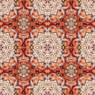 Vektör tarzı süs. Damask 'ta pembe, turuncu ve kırmızı renklerde çiçek deseni var. Soyut çiçekli kraliyet duvar kağıdı.