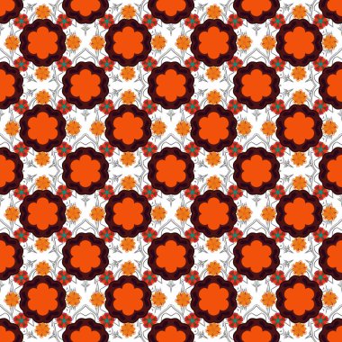 Küçük çiçeklerdeki hoş, pürüzsüz desen. Ditsy çiçek stili. Turuncu, mavi ve kırmızı renkli vektör küçük çiçekler. Moda baskıları için zarif bir şablon.