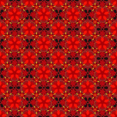 Vektör çizimi. Sarı, turuncu ve kırmızı renklerde Victoria dönemi arkaplanı. Kusursuz damaske deseni.