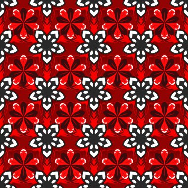 Eski, dikişsiz desen. Kumaş, tekstil, iç dekorasyon, kırmızı, pembe ve gri renkler. El yapımı vektör çizimi.