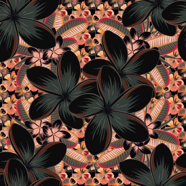 Vektör çizimi. Plumeria çiçekleri siyah, gri ve yeşil renklerde..