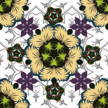 Karalama çizim stili, elle çizilmiş çizim. Çiçekler, yapraklar, dekoratif elementler, sıçrama, lekeler ve yeşil, bej ve gri renkler içeren vektörsüz çiçek deseni.