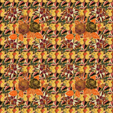 Çiçeklerle suluboya kusursuz desen. Dekorasyon ve tasarım için güzel bir desen. Turuncu, kahverengi ve bej renkli moda baskı. Enfes desenler, çiçekli suluboya çizimler, klasik tarz..