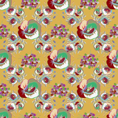 Kusursuz çiçek deseni. Vektör soyut çiçek arkaplanı. Bir sürü küçük sarı, yeşil ve pembe çiçekli kusursuz desen..