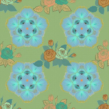 Vektör biçimli güller. Yeşil, bej ve mavi gül çiçekli kot pantolon. Denim Çiçek geçmişi. Mavi kot kumaş. Denim pürüzsüz desen.