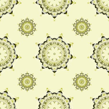 Damask zarif duvar kağıdı. Yeşil, bej ve sarı renkli klasik tasarım. Vektörsüz desen.
