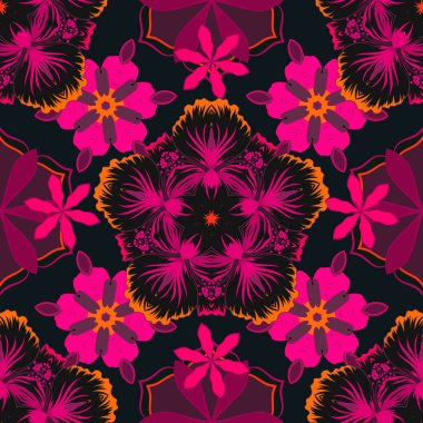 Çiçek arkaplan. Eflatun, mor ve kırmızı renklerde kusursuz vektör deseni.