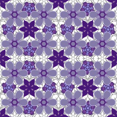 Mor, mor ve mavi renkli moda baskı. Çiçeklerle suluboya kusursuz desen. Dekorasyon ve tasarım için güzel bir desen. Enfes desenler, çiçekli suluboya çizimler, klasik tarz..