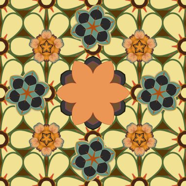 Çiçekli, şık duvar kağıtları. Soyut vektör arkaplanı. Çiçek açan çiçeklerin ve yaprakların turuncu, kahverengi ve yeşil renklerinde desenleri var..