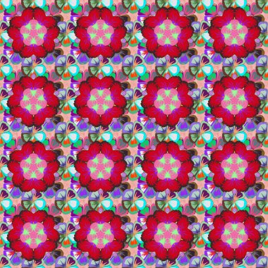 Çiçekleri ve yaprakları yeşil ve pembe renklerde olan kusursuz çiçek deseni.