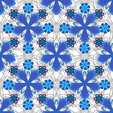 Mor, gri ve mavi elementlerle kusursuz desen. Doğu tarzında bir vektör süsü. Metin, davetiye kartları, çeşitli yazdırma sürümleri için tasarım.