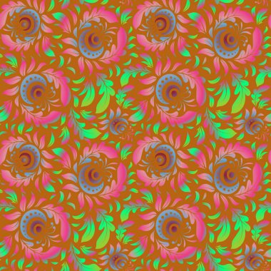 Şam, kırmızı, turuncu ve yeşil renklerde kusursuz desen. Soyut çiçekli kraliyet duvar kağıdı. Vektör stili süs.