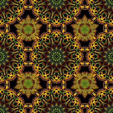 Siyah arkaplandaki çok renkli süsün vektörsüz deseni. Halılar, tekstil, duvar kağıtları ve herhangi bir yüzey için şablonlar. Doğulu, karalama süsü.