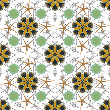 Çizgili geometrik modern elementlerle kusursuz desen. Art deco tarzı. Parlak sarı, mavi ve yeşil zemin. Puantiye, konfeti. Vektör illüstrasyonu.