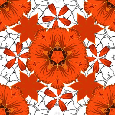 Çizgili arka planda dikişsiz suluboya desen. Kırmızı, gri ve turuncu renkli vektör çiçek deseni.