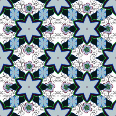 Motley ızgarası. Siyah ve mavi elementlere sahip kusursuz vektör deseni.