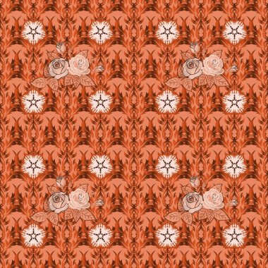 Gül çiçekleriyle süslü çiçek arkaplanı. Soyut bej, turuncu ve pembe güllerle vektörsüz desen.