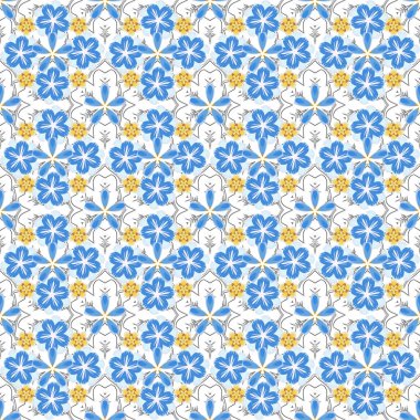 Geometrik elementlere sahip soyut, pürüzsüz bir şekil. Bej, mavi ve sarı renkli süsler. Yeni yıl 2020 tatil süslemesi. Taraftar şekilli Noel eskizi.