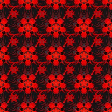 Tatil için mükemmel. Stilize süs. Siyah, kırmızı ve mor elementlerle desensiz vektör parıltısı.