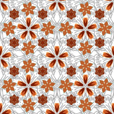 Kumaş baskısı, hatıra defteri, hediye paketi için. Kahverengi, turuncu ve gri renklerde vektörsüz vintage desen.